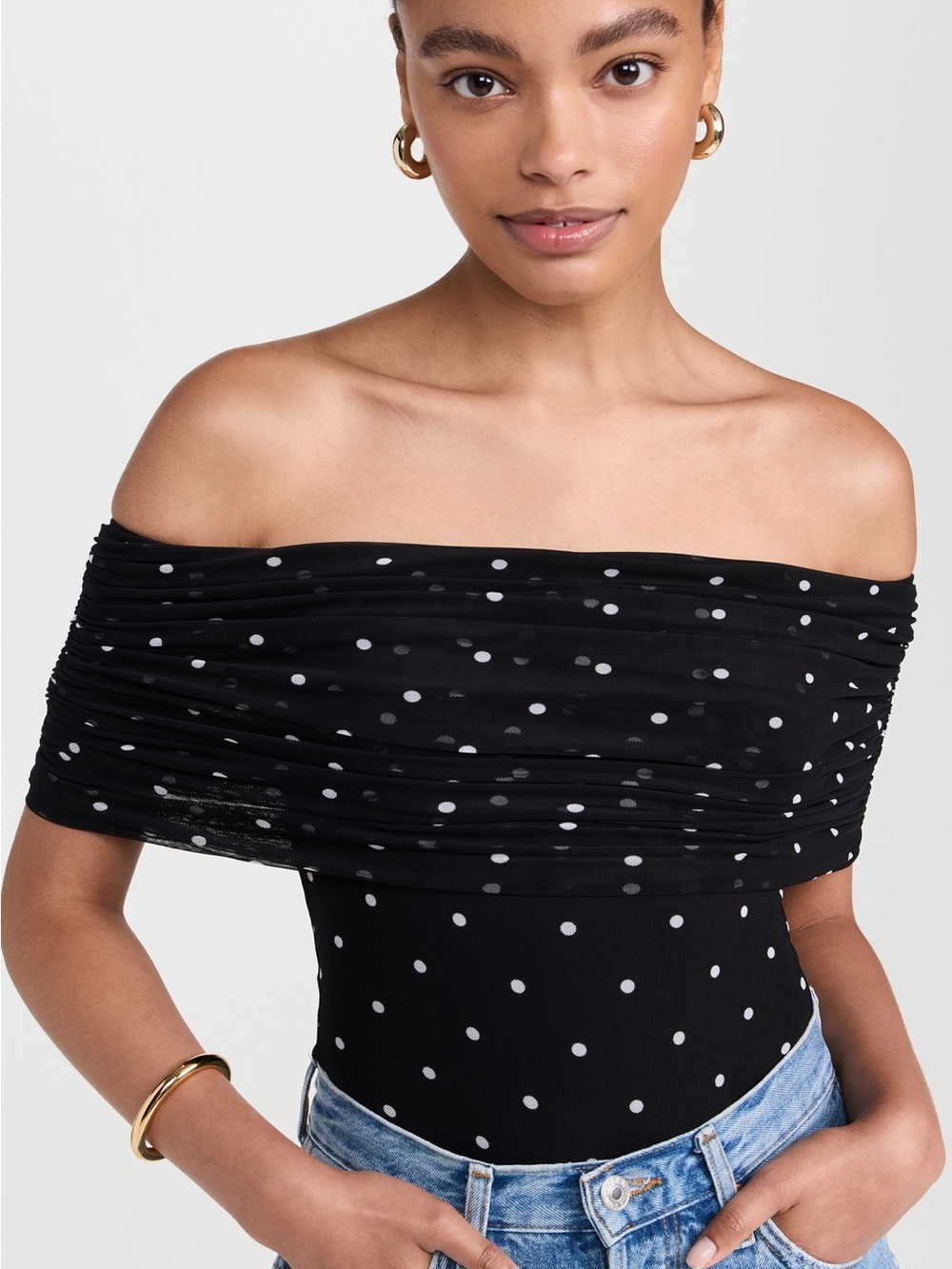 AFRM Black Polka Dot Off-Shoulder Divya Thong Bodysuit Medium NWOT